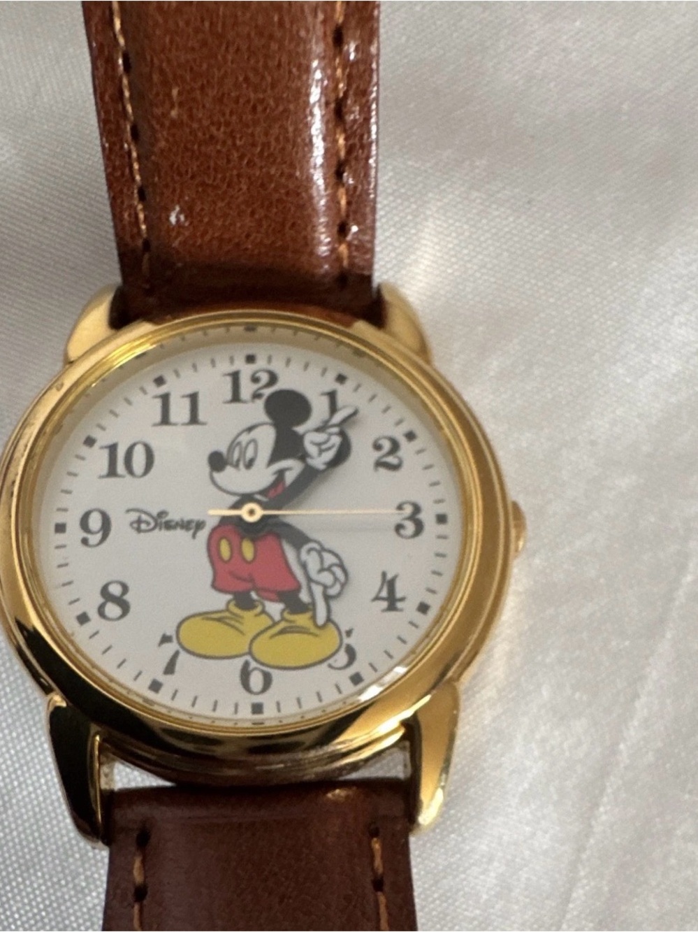 Disney Mickey Mouse Gold-Tone Watch with Brown Leather Strap